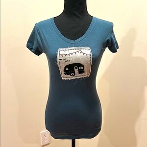 Blue V-Neck T-Shirt with Camper Graphic